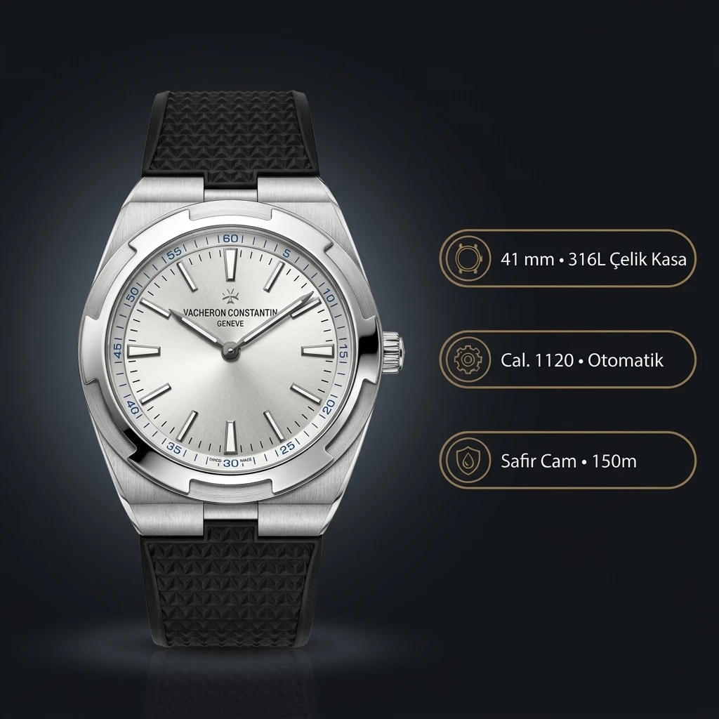 Vacheron Constantin 41 mm Overseas Gümüş Kadran Siyah Kauçuk Kordon Super Clone ETA Saat