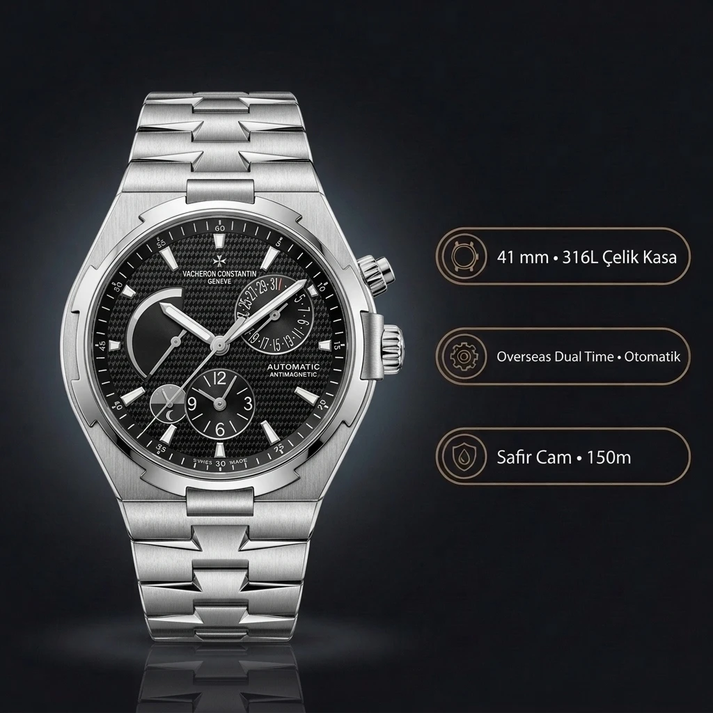 Vacheron Constantin 41 mm Overseas Siyah Kadran Çelik Kordon Super Clone ETA Saat