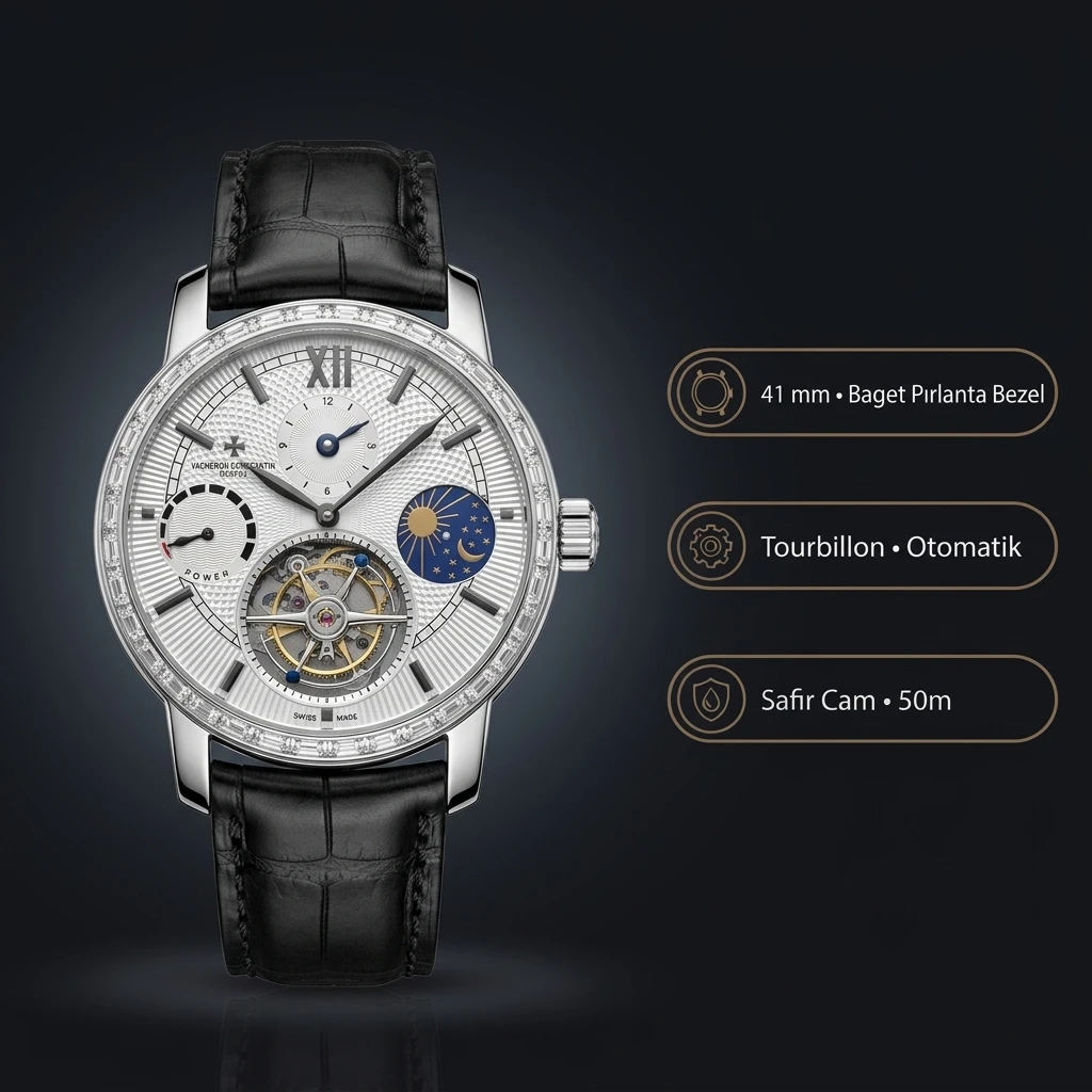 Vacheron Constantin 41 mm Tourbillon Moonphase Beyaz Kadran Çelik Elmas Bezel Siyah Deri Kordon Super Clone ETA Saat