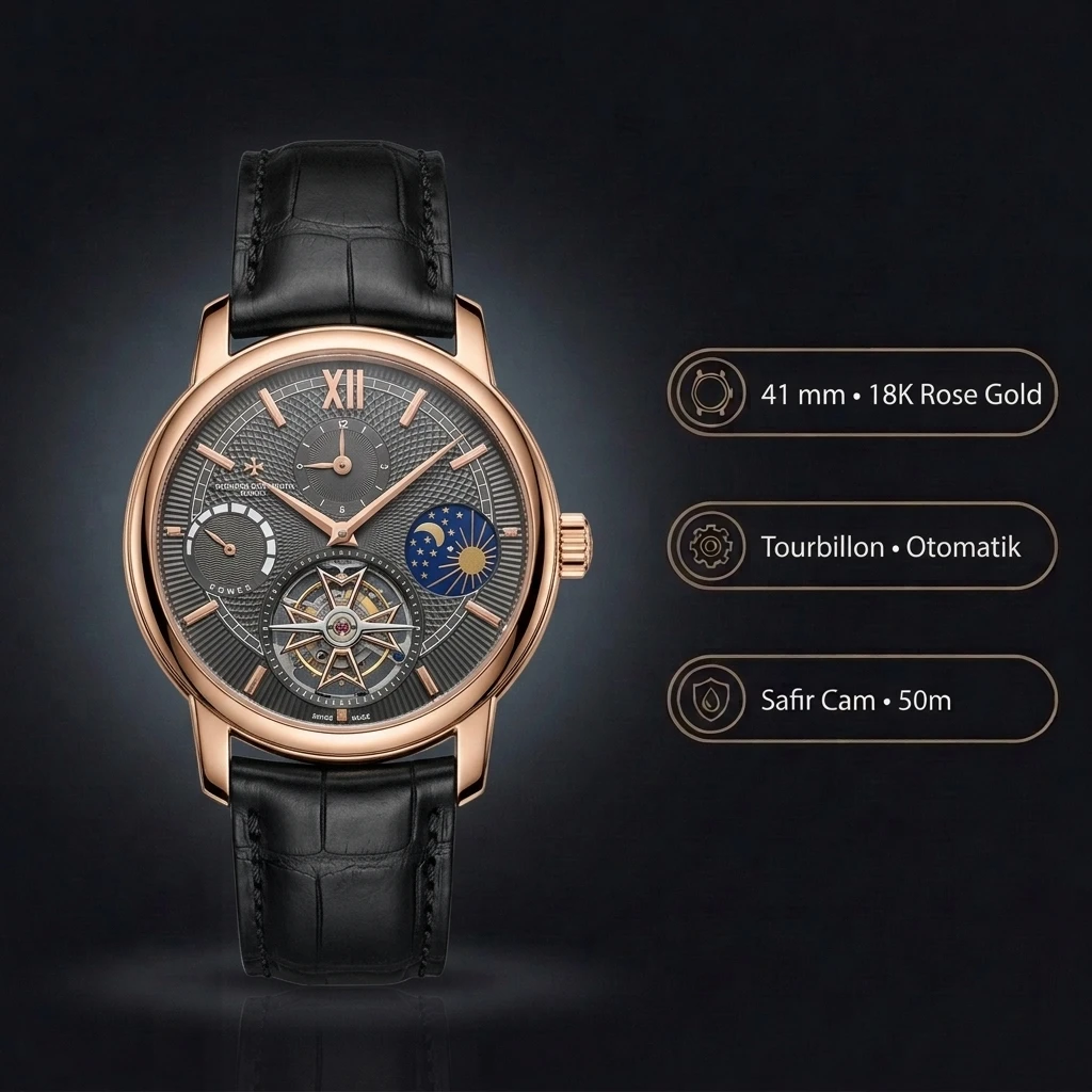 Vacheron Constantin 41 mm Tourbillon Moonphase Gri Kadran Rose Kasa Siyah Deri Kordon Super Clone ETA Saat