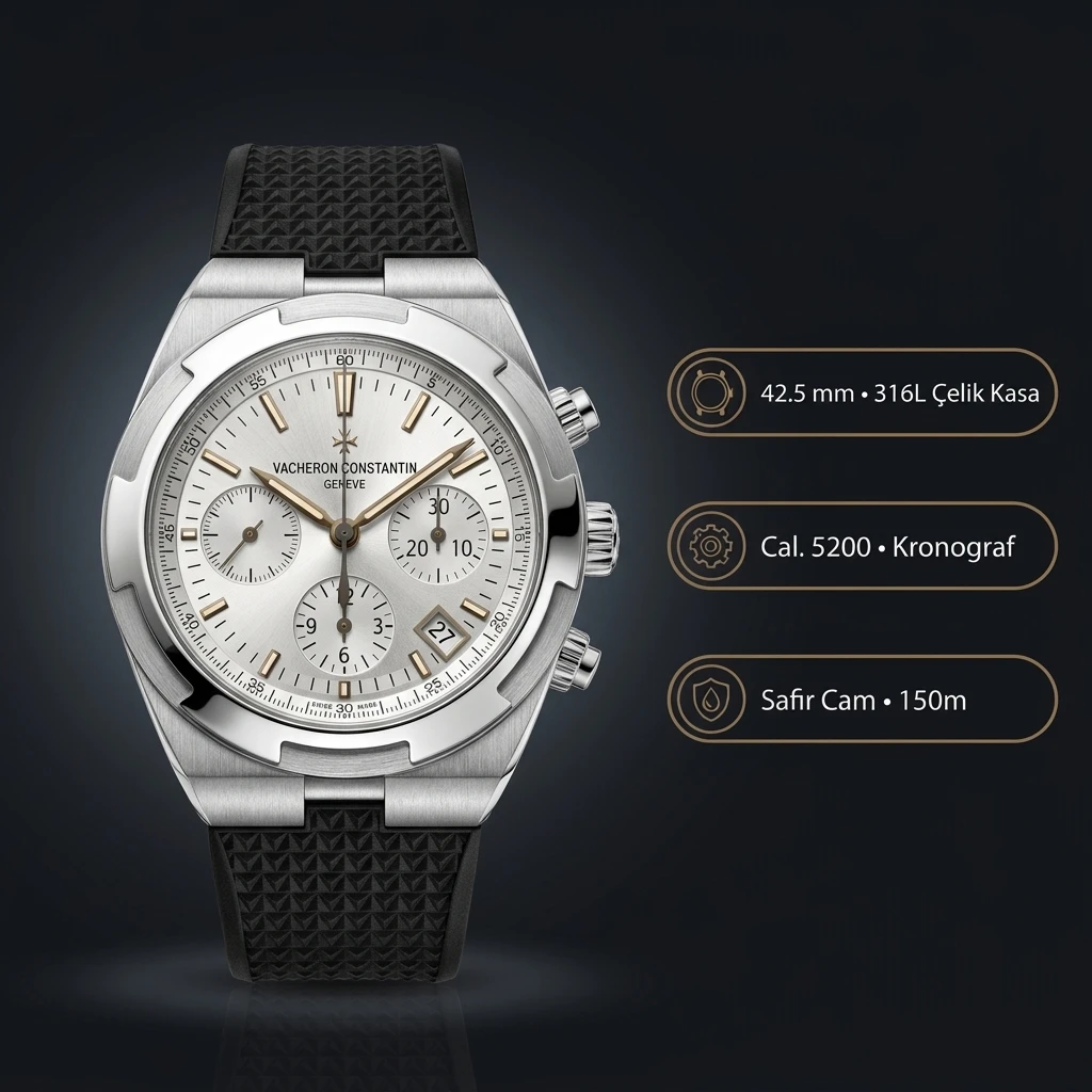 Vacheron Constantin 42.5 mm Overseas Chronograph Beyaz Kadran Siyah Kauçuk Kordon Super Clone ETA Saat