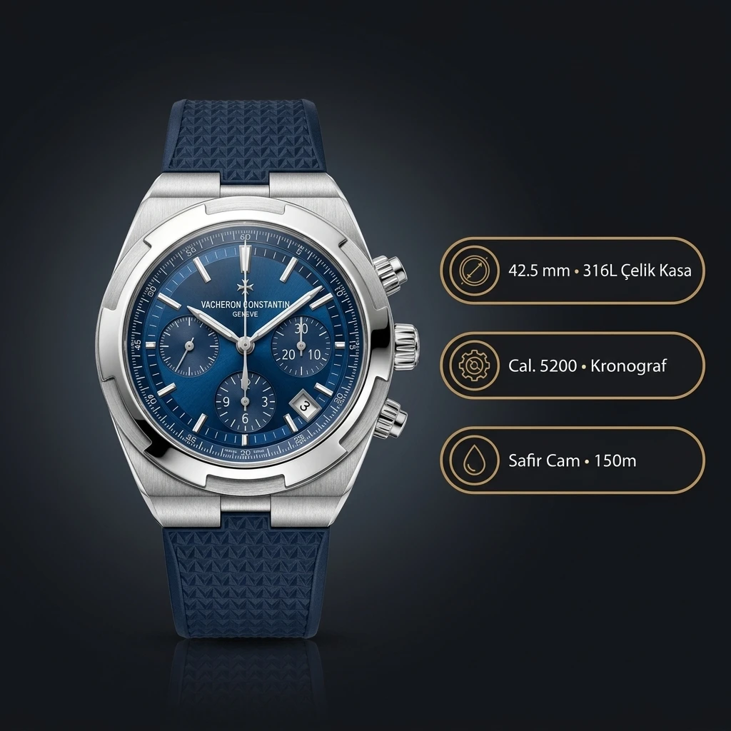 Vacheron Constantin 42.5 mm Overseas Chronograph Rose Altın Kasa Gümüş Kadran Çelik Kordon Super Clone ETA Saat