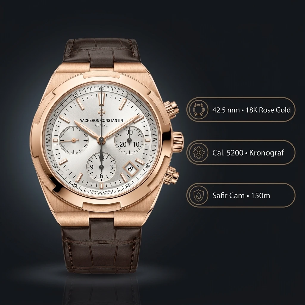 Vacheron Constantin 42.5 mm Overseas Chronograph Rose Altın Kasa Gümüş Kadran Kahverengi Deri Kordon Super Clone ETA Saat