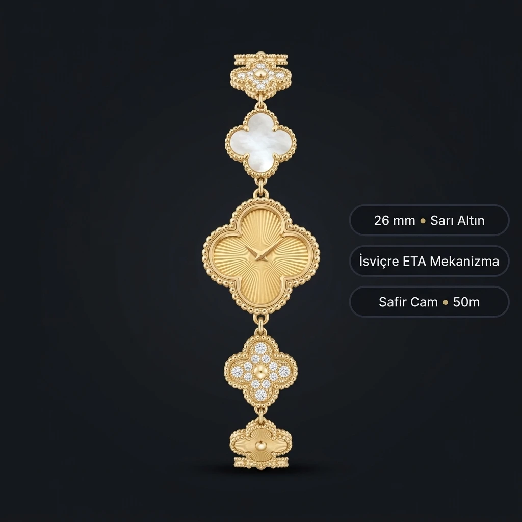 Van Cleef Alhambra Altın Kadran Bileklik Super Clone ETA Saat
