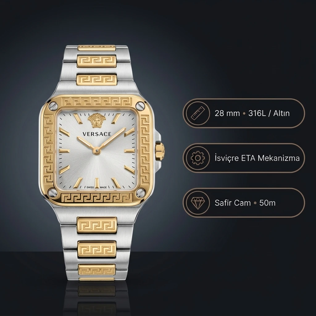 Versace Greca Kare Kasa Gümüş Beyaz Kadran Two Tone Sarı Altın Çelik Bilezik Bayan Super Clone ETA Saat