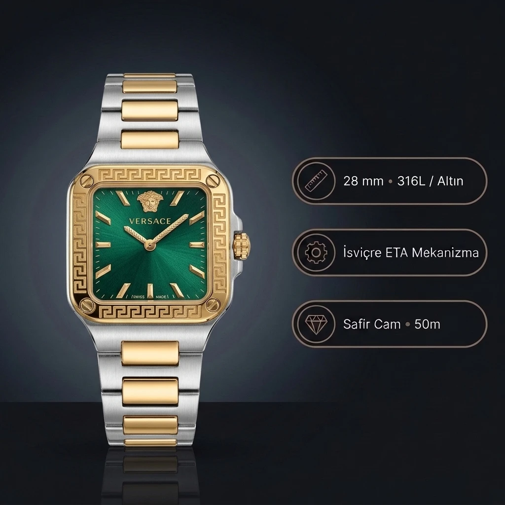 Versace Greca Kare Kasa Zümrüt Yeşil Kadran Two Tone Sarı Altın Çelik Bilezik Bayan Super Clone ETA Saat