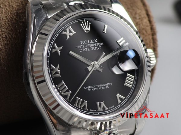 Rolex Datejust Tırtıklı Bezel Roma Rakamlı Siyah Kadran Eta