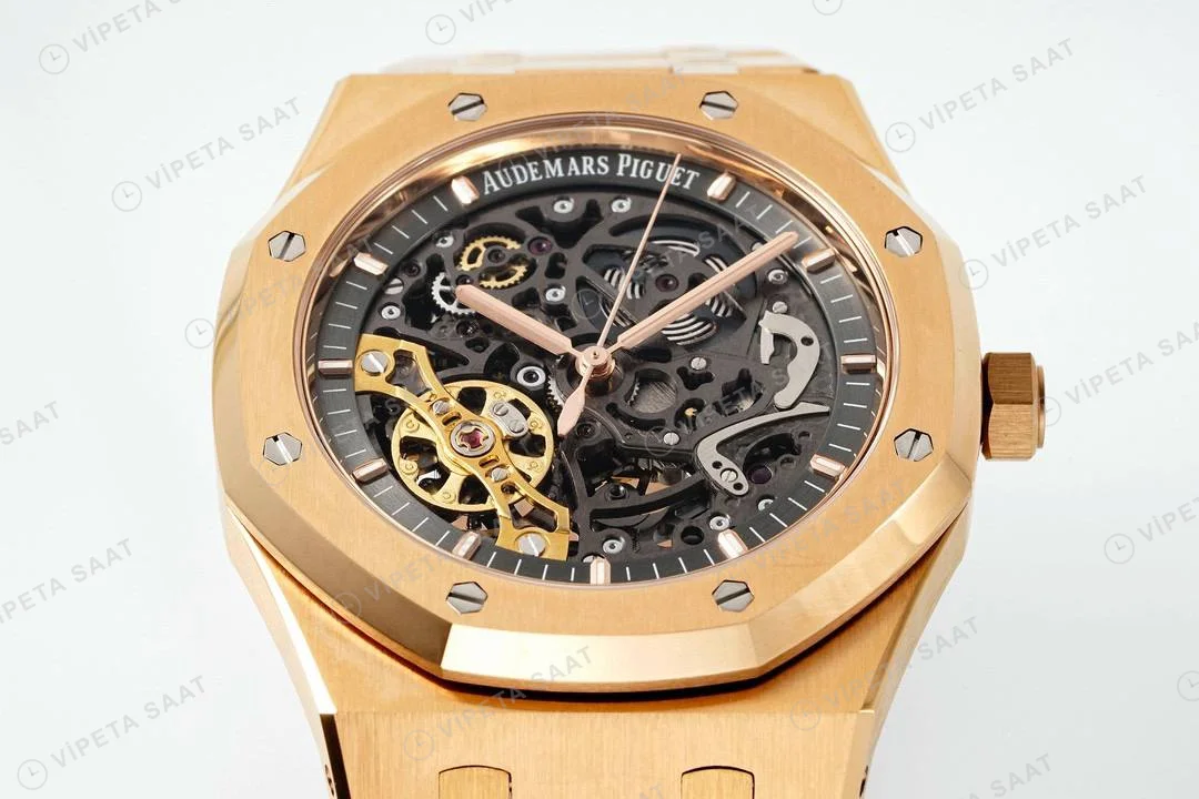 Audemars Piguet Royal Oak 15407 İskelet Rose Gold 41mm Super Clone ETA Saat detay 4