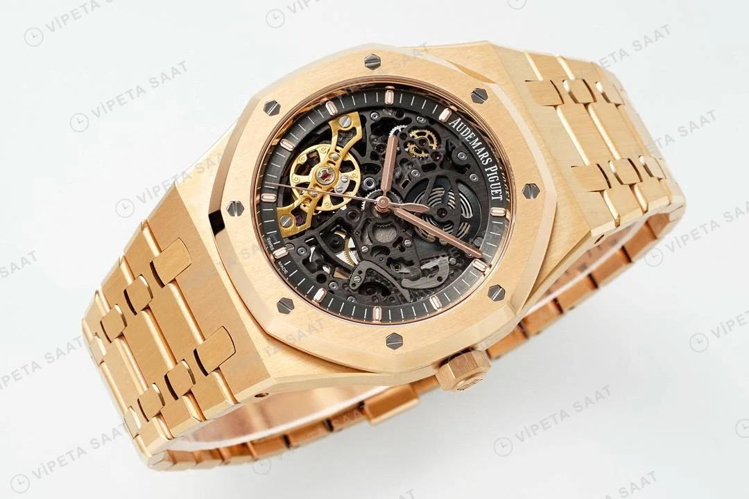 Audemars Piguet Royal Oak 15407 İskelet Rose Gold 41mm Super Clone ETA Saat detay 6