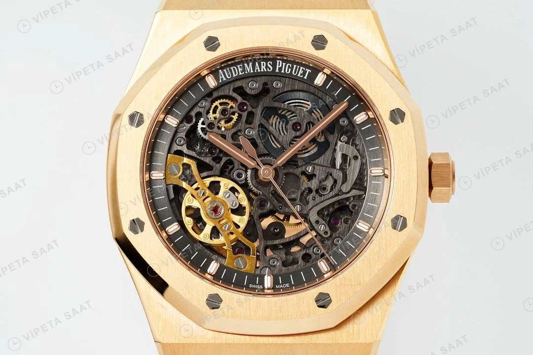 Audemars Piguet Royal Oak 15407 İskelet Rose Gold 41mm Super Clone ETA Saat detay 9