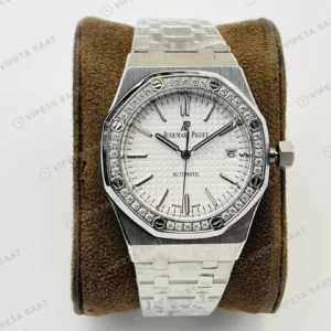 Audemars Piguet Royal Oak 15450 Beyaz Kadran Taşlı Bezel Çelik 37mm Super Clone ETA Eta Saat detay 7
