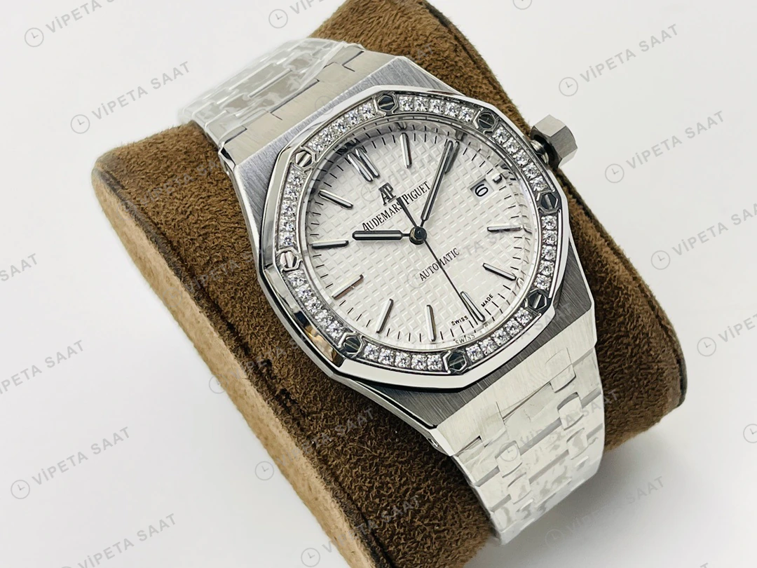 Audemars Piguet Royal Oak 15450 Beyaz Kadran Taşlı Bezel Çelik 37mm Super Clone ETA Eta Saat detay 9