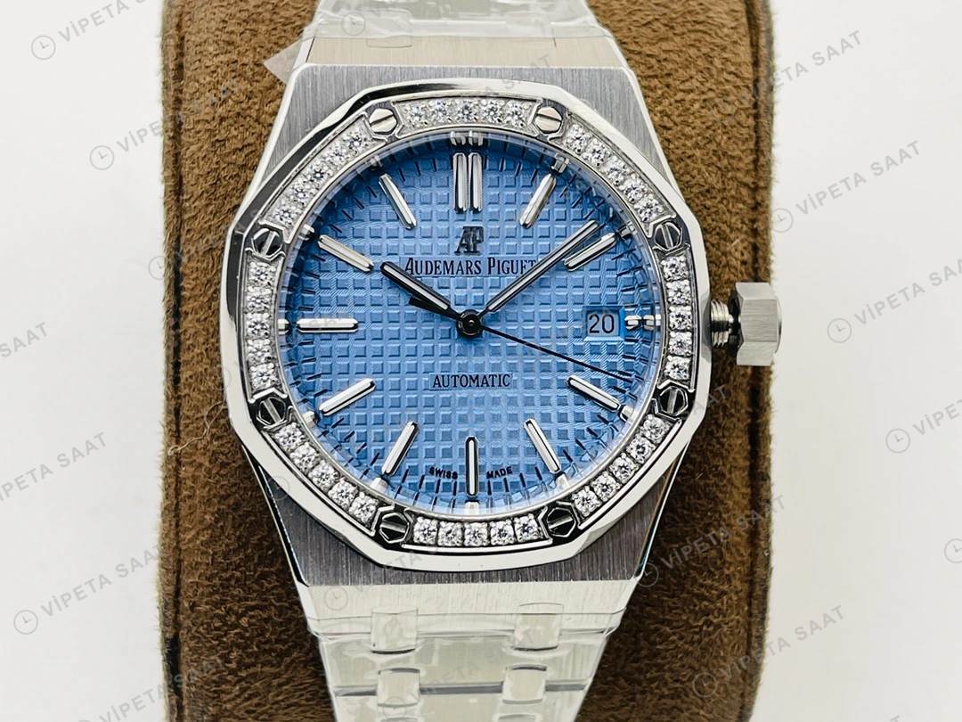 Audemars Piguet Royal Oak 15450 Mavi Kadran Taşlı Bezel Çelik 37mm Super Clone ETA Eta Saat detay 3