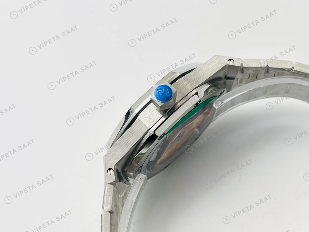 Audemars Piguet Royal Oak 15450 Mavi Kadran Taşlı Bezel Çelik 37mm Super Clone ETA Eta Saat detay 5