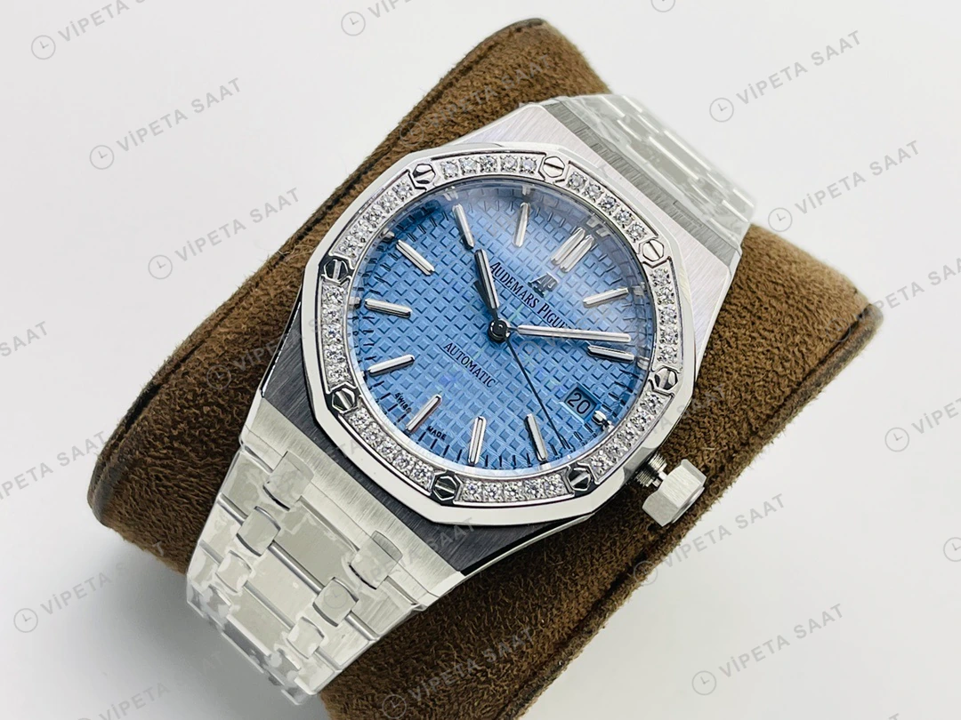 Audemars Piguet Royal Oak 15450 Mavi Kadran Taşlı Bezel Çelik 37mm Super Clone ETA Eta Saat detay 8