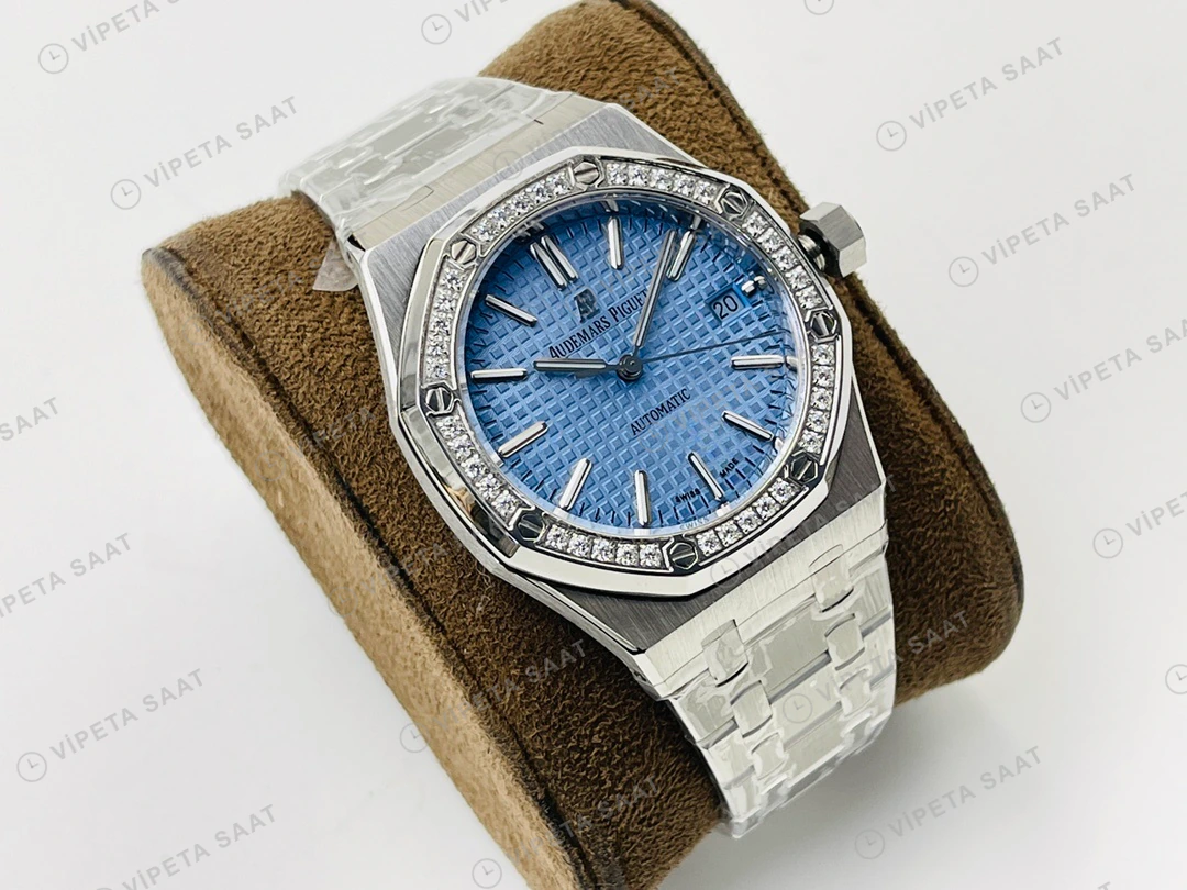 Audemars Piguet Royal Oak 15450 Mavi Kadran Taşlı Bezel Çelik 37mm Super Clone ETA Eta Saat detay 9