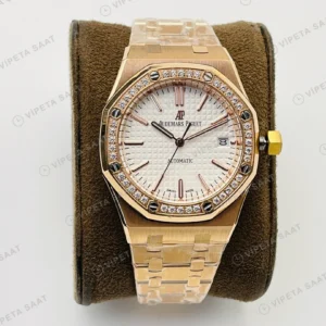 Audemars Piguet Royal Oak 15451 Beyaz Kadran Taşlı Bezel Rose Gold 37mm Super Clone ETA Eta Saat detay 6