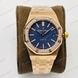 Audemars Piguet Royal Oak 15451 Mavi Kadran Taşlı Bezel Rose Gold 37mm Super Clone ETA Eta Saat detay 6