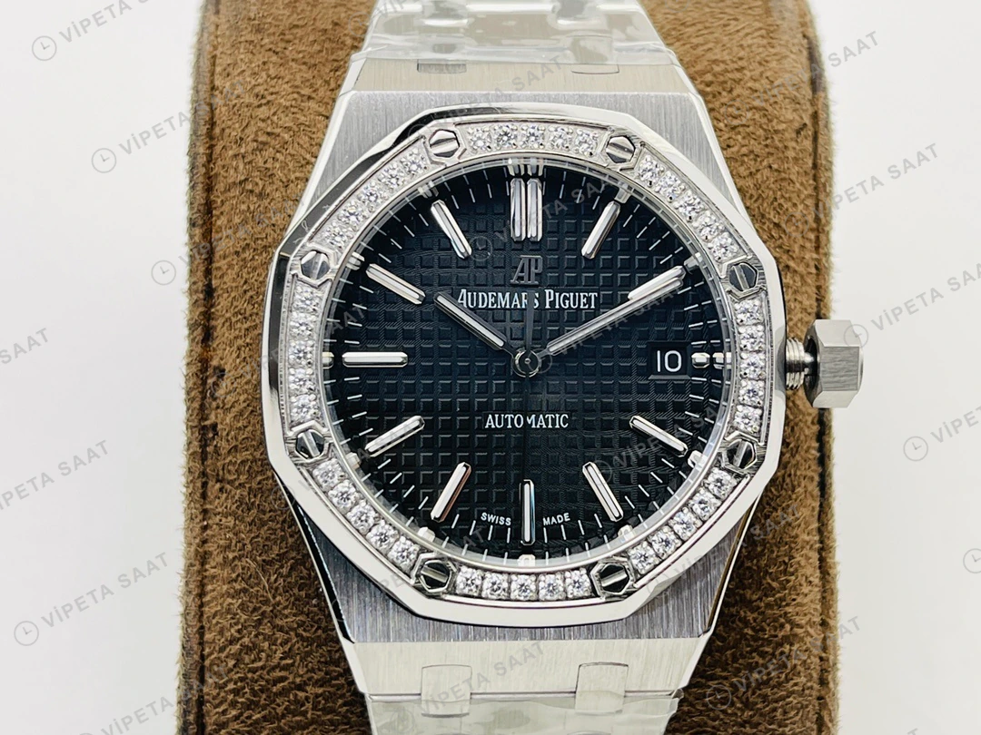 Audemars Piguet Royal Oak 15451 Siyah Kadran Taşlı Bezel Çelik 37mm Super Clone ETA Eta Saat detay 3