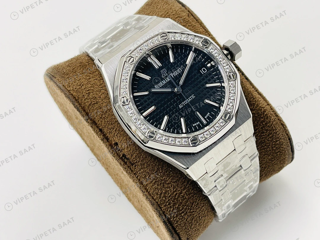 Audemars Piguet Royal Oak 15451 Siyah Kadran Taşlı Bezel Çelik 37mm Super Clone ETA Eta Saat detay 8