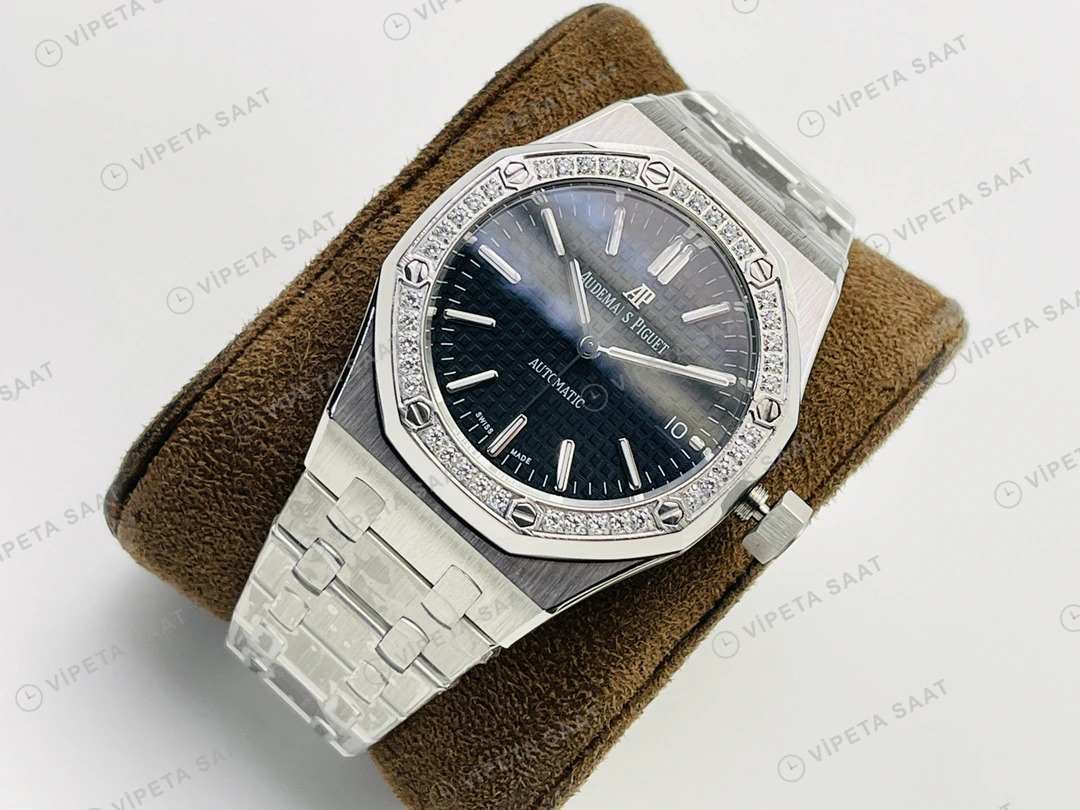 Audemars Piguet Royal Oak 15451 Siyah Kadran Taşlı Bezel Çelik 37mm Super Clone ETA Eta Saat detay 9