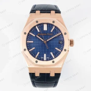 Audemars Piguet Royal Oak 15500 Rose Gold Mavi Kadran Deri Kordon Super Clone ETA Saat karşıdan görünüm