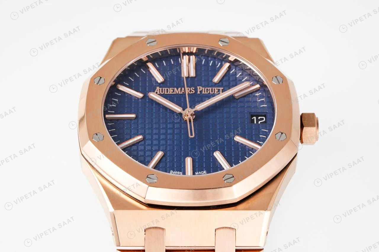 Audemars Piguet Royal Oak 15500 Rose Gold Mavi Kadran Deri Kordon Super Clone ETA Saat detay 10