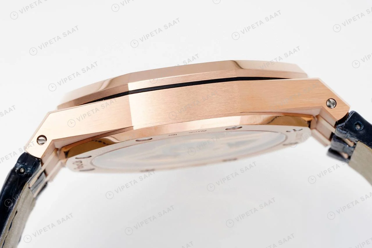 Audemars Piguet Royal Oak 15500 Rose Gold Mavi Kadran Deri Kordon Super Clone ETA Saat detay 5
