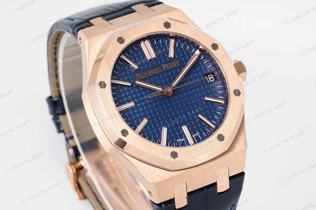Audemars Piguet Royal Oak 15500 Rose Gold Mavi Kadran Deri Kordon Super Clone ETA Saat detay 6