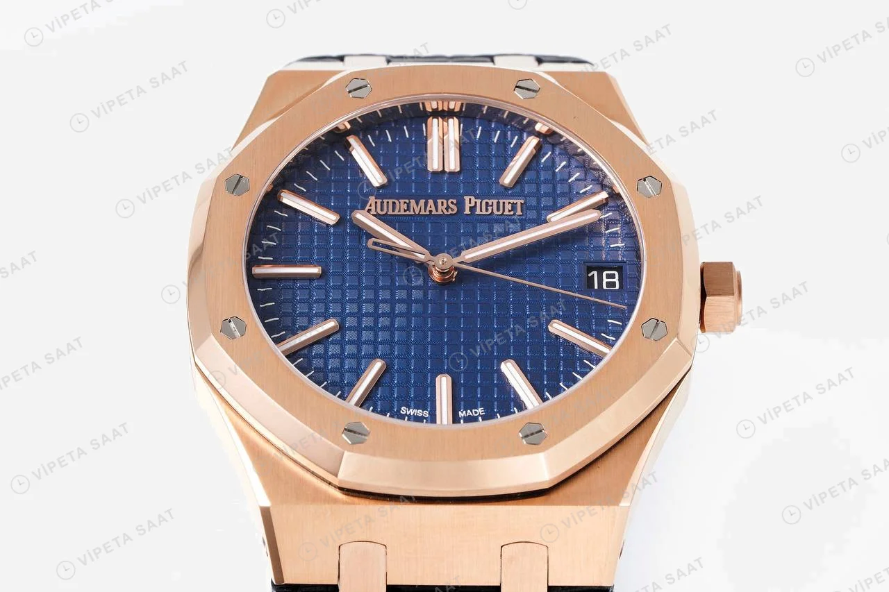 Audemars Piguet Royal Oak 15500 Rose Gold Mavi Kadran Deri Kordon Super Clone ETA Saat detay 8