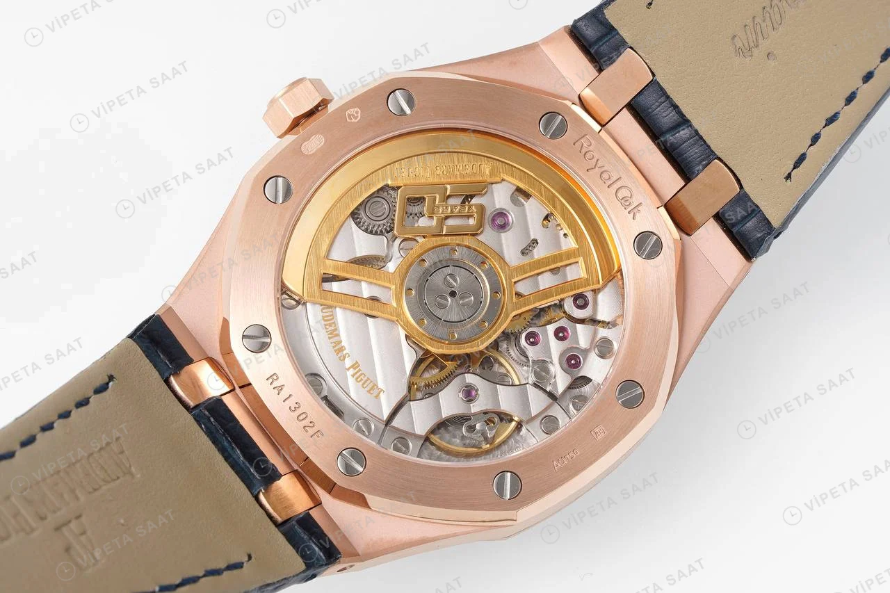 Audemars Piguet Royal Oak 15500 Rose Gold Mavi Kadran Deri Kordon Super Clone ETA Saat detay 9