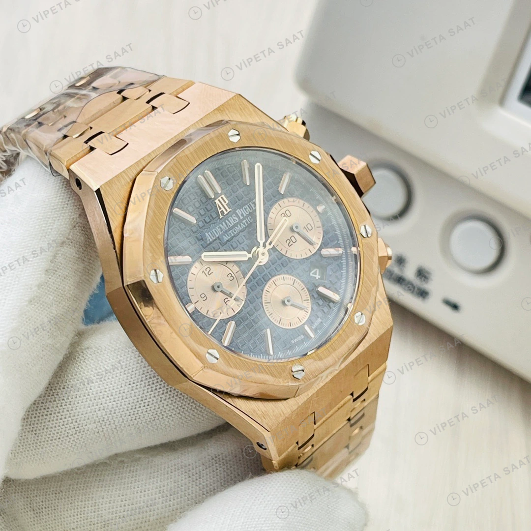 Audemars Piguet Royal Oak Kronograf Mavi Kadran Gold 41mm Super Clone ETA Eta Saat detay 3
