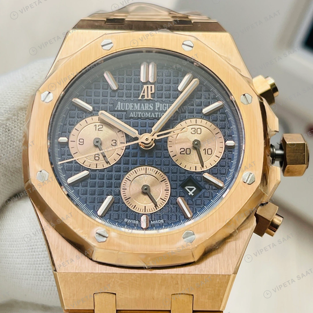 Audemars Piguet Royal Oak Kronograf Mavi Kadran Gold 41mm Super Clone ETA Eta Saat detay 8