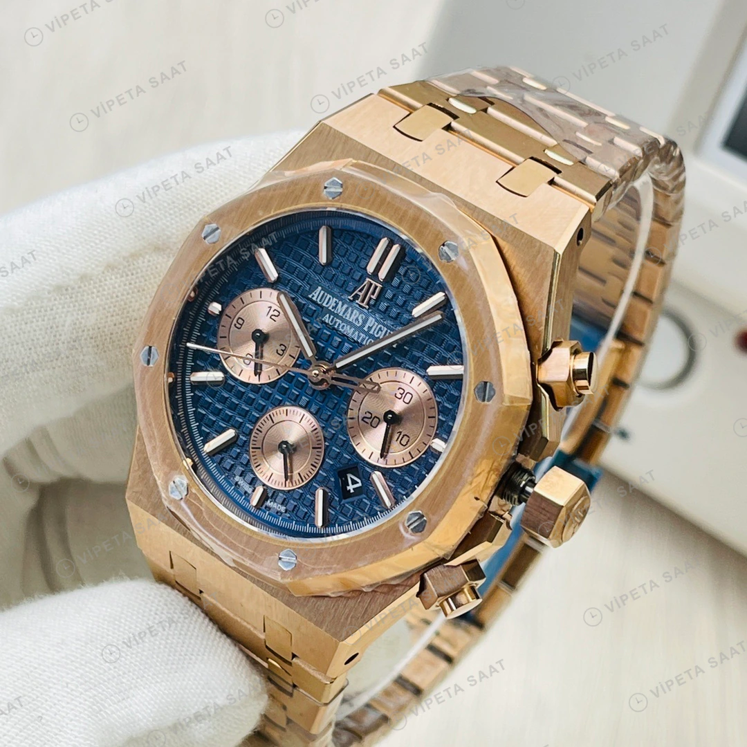 Audemars Piguet Royal Oak Kronograf Mavi Kadran Gold 41mm Super Clone ETA Eta Saat detay 9