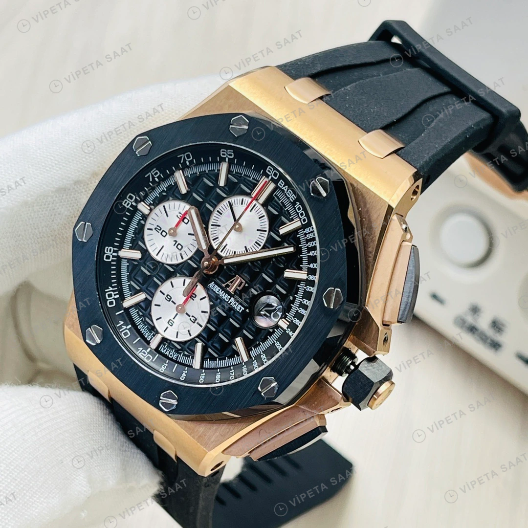 Audemars Piguet Royal Oak Offshore Kronograf Siyah Kadran Gold 42mm Super Clone ETA Eta Saat detay 9