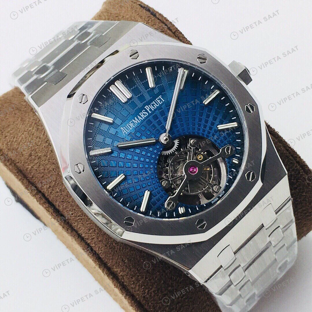 Audemars Piguet Royal Oak Tourbillon Mavi Kadran Çelik Super Clone ETA Eta Saat detay 4