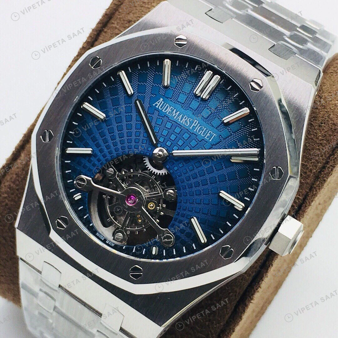 Audemars Piguet Royal Oak Tourbillon Mavi Kadran Çelik Super Clone ETA Eta Saat detay 5