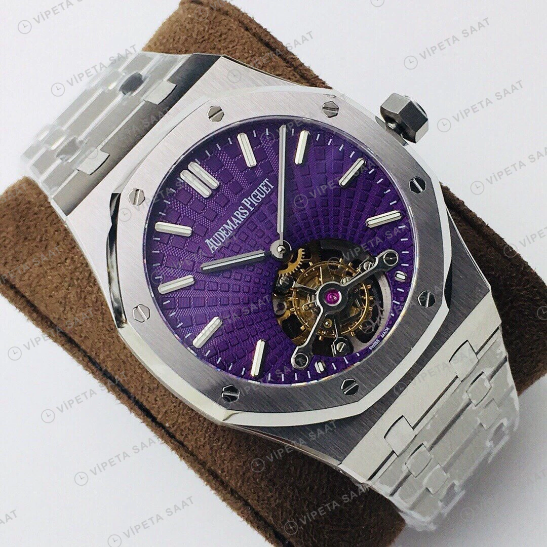 Audemars Piguet Royal Oak Tourbillon Mor Kadran Çelik 41mm Super Clone ETA Eta Saat detay 4