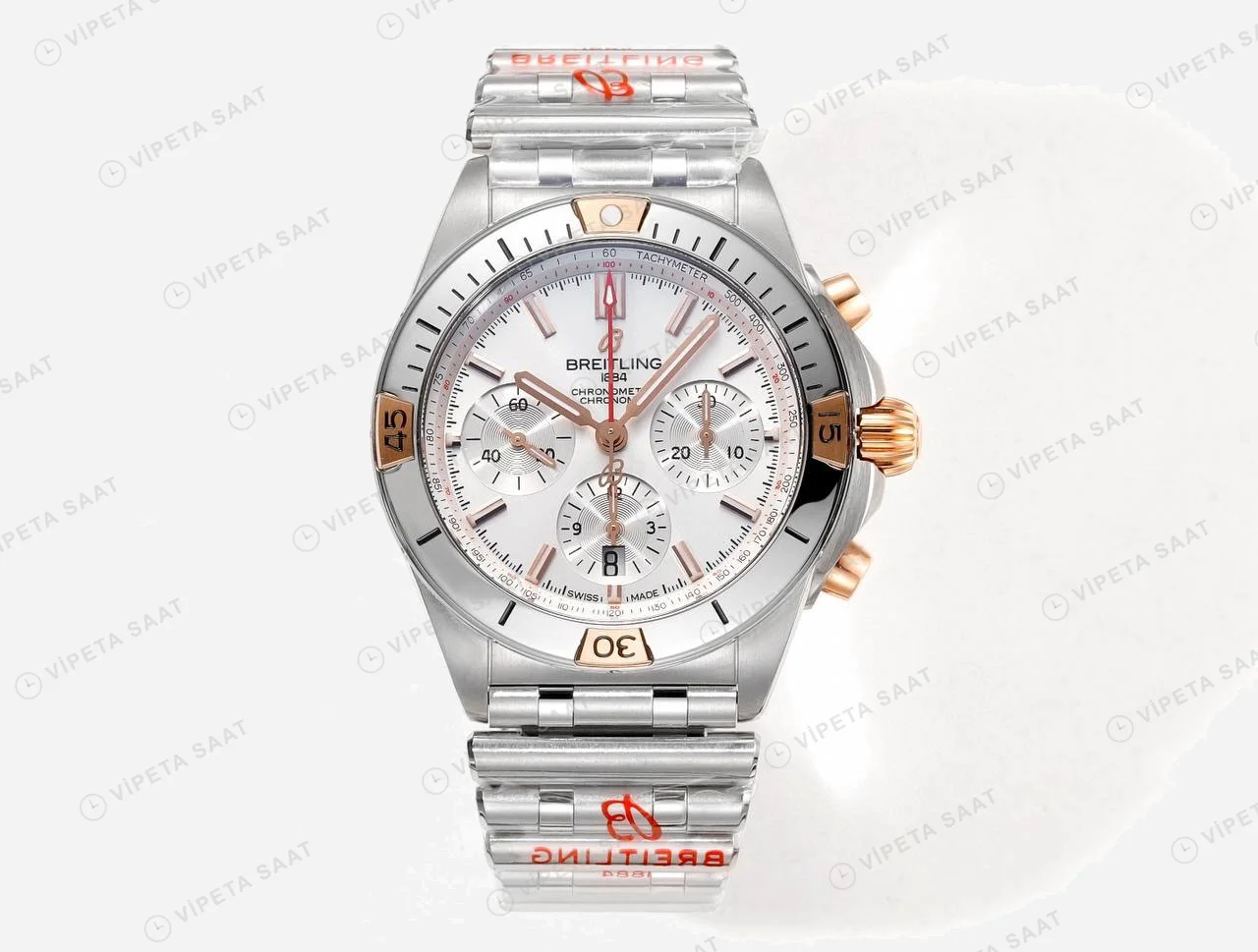 Breitling Chronomat B01 42 Çelik Rose Gold Beyaz Kadran IB0134101G1A1 Super Clone ETA Saat karşıdan görünüm