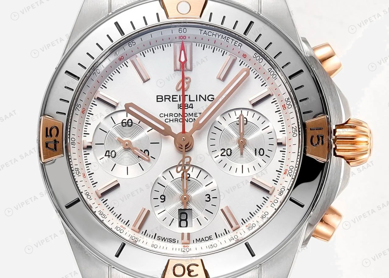 Breitling Chronomat B01 42 Çelik Rose Gold Beyaz Kadran IB0134101G1A1 Super Clone ETA Saat detay 2