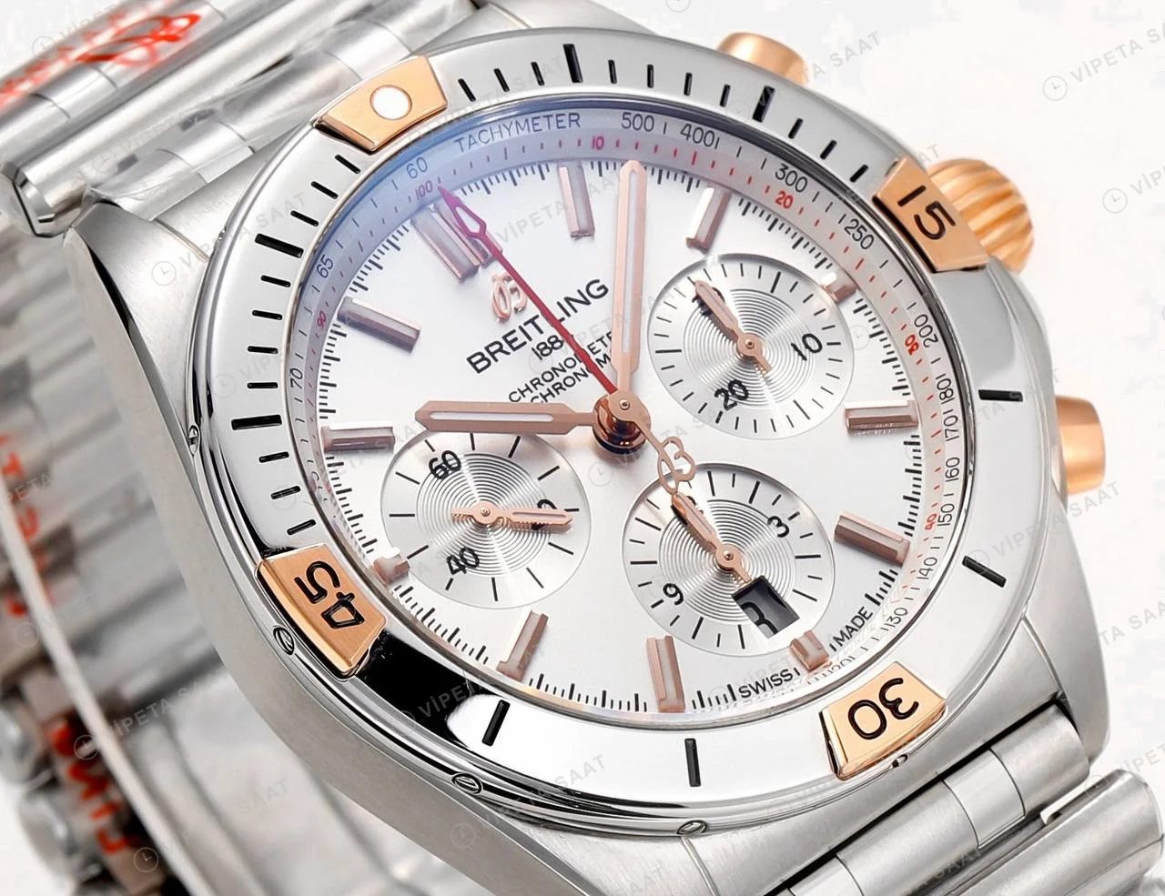 Breitling Chronomat B01 42 Çelik Rose Gold Beyaz Kadran IB0134101G1A1 Super Clone ETA Saat detay 3