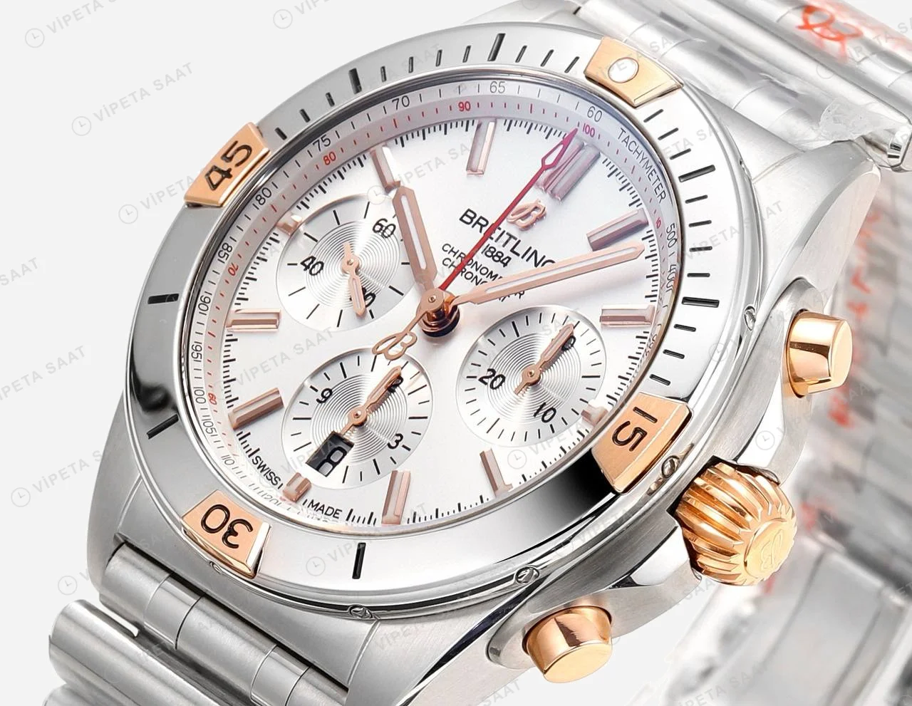 Breitling Chronomat B01 42 Çelik Rose Gold Beyaz Kadran IB0134101G1A1 Super Clone ETA Saat detay 4