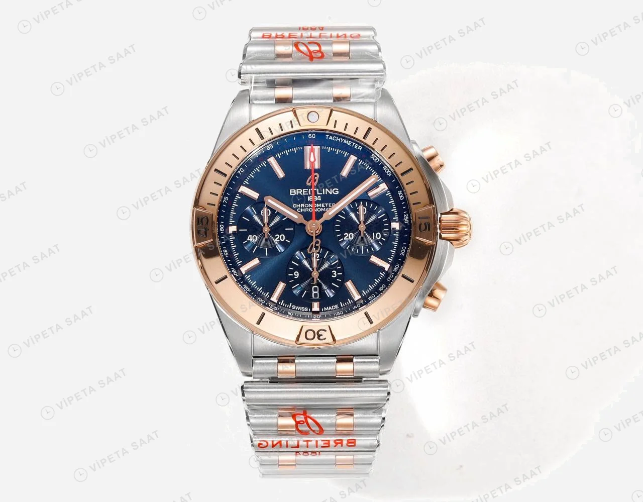 Breitling Chronomat B01 42 Çelik Rose Gold Mavi Kadran UB0134101C1U1 Super Clone ETA Saat karşıdan görünüm