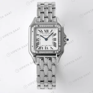 Cartier Panthere Secrete De Ladies Taşlı Çelik Bezel Super Clone ETA Saat karşıdan görünüm