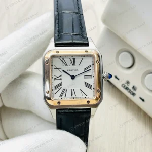 Cartier Santos Beyaz Kadran Çelik Gold 27mm Deri Kordon Super Clone ETA Eta Saat karşıdan görünüm
