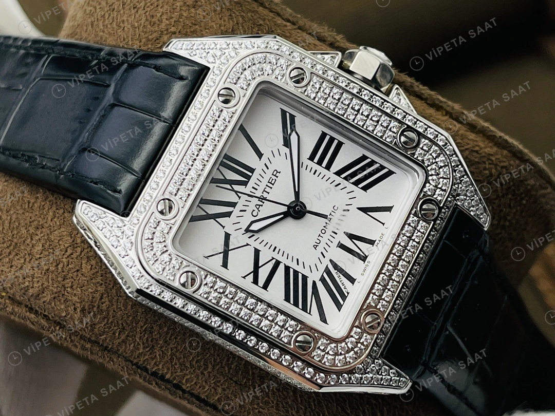 Cartier Santos Beyaz Kadran Taşlı Çelik Super Clone ETA Eta Saat detay 5