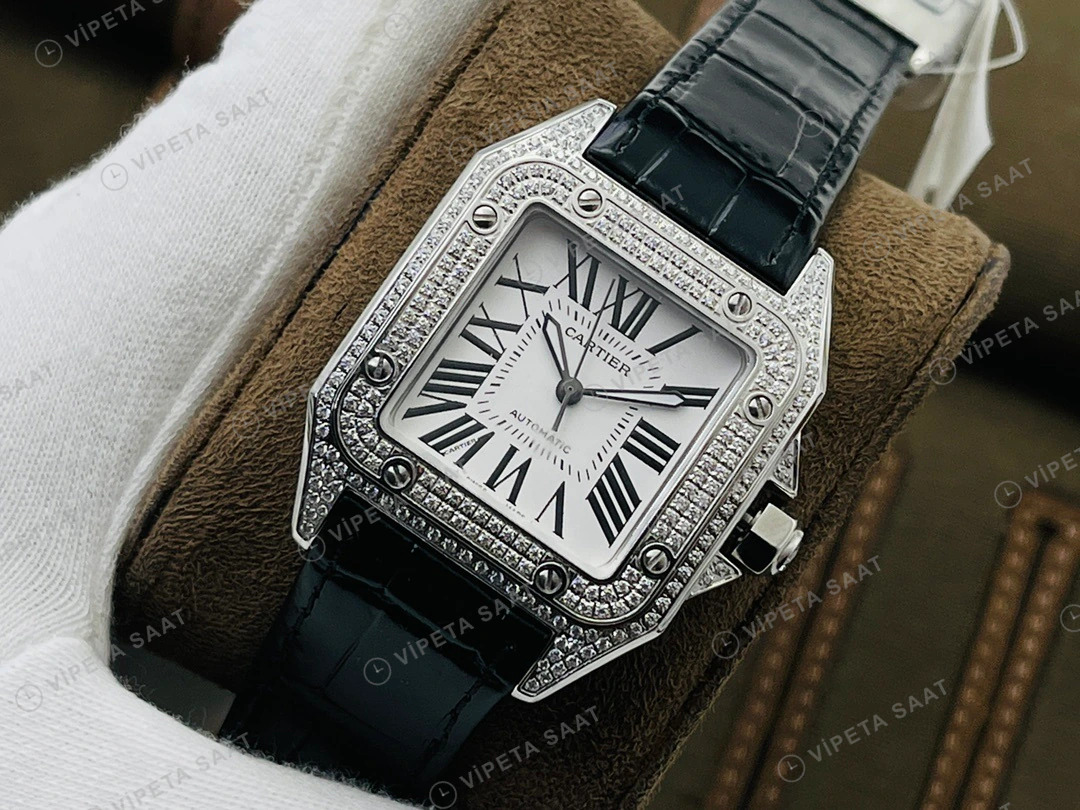 Cartier Santos Beyaz Kadran Taşlı Çelik Super Clone ETA Eta Saat detay 7