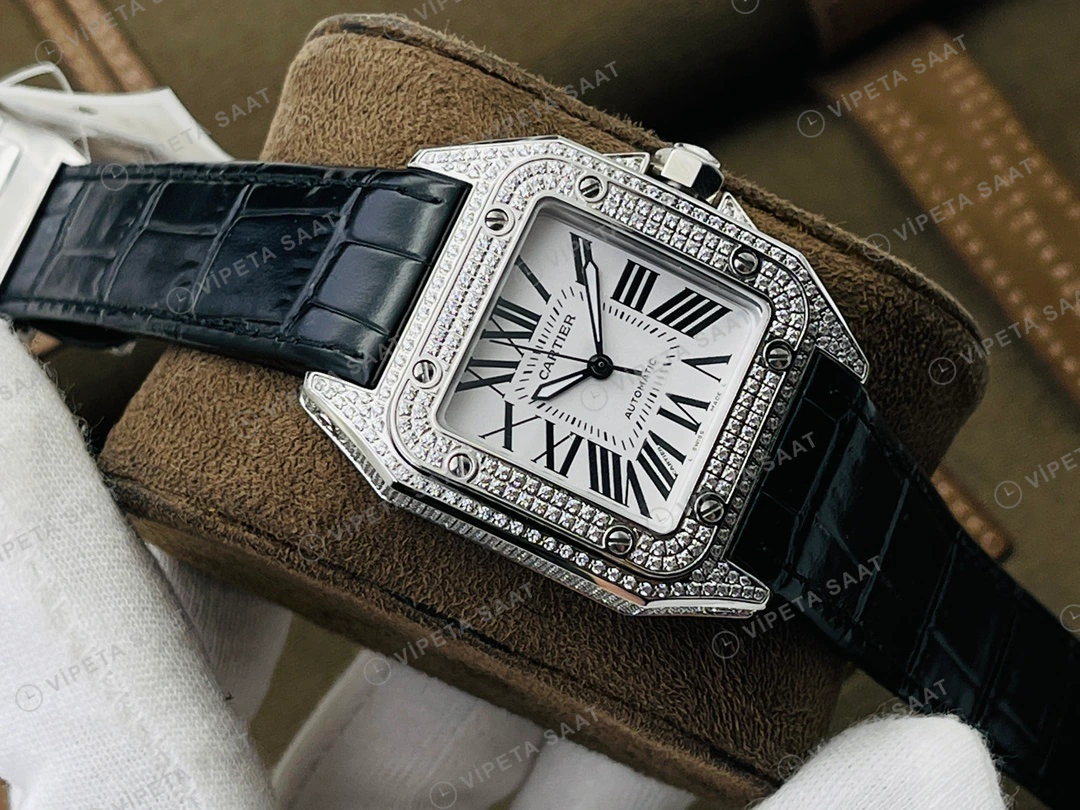 Cartier Santos Beyaz Kadran Taşlı Çelik Super Clone ETA Eta Saat detay 9