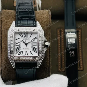 Cartier Santos Beyaz Kadran Taşlı Çelik Super Clone ETA Eta Saat karşıdan görünüm