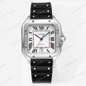 Cartier Santos De Cartier 40 mm Beyaz Kadran Silikon Kordon Super Clone ETA Saat karşıdan görünüm